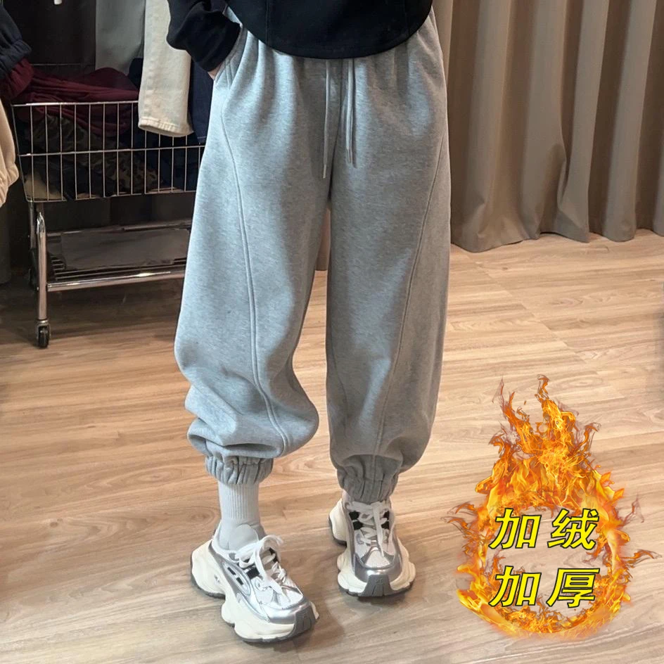 欧货时尚束脚休闲卫裤女2025年冬季新款时尚加绒加厚百搭哈伦裤子