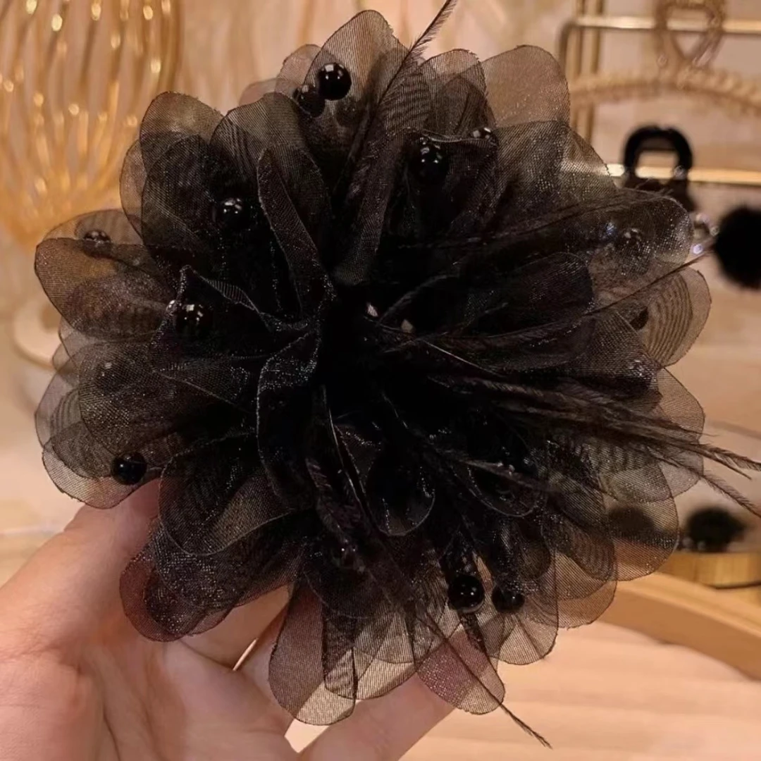 牡丹花羽毛抓夹高颜值轻奢发夹网红气质后脑勺盘发鲨鱼夹
