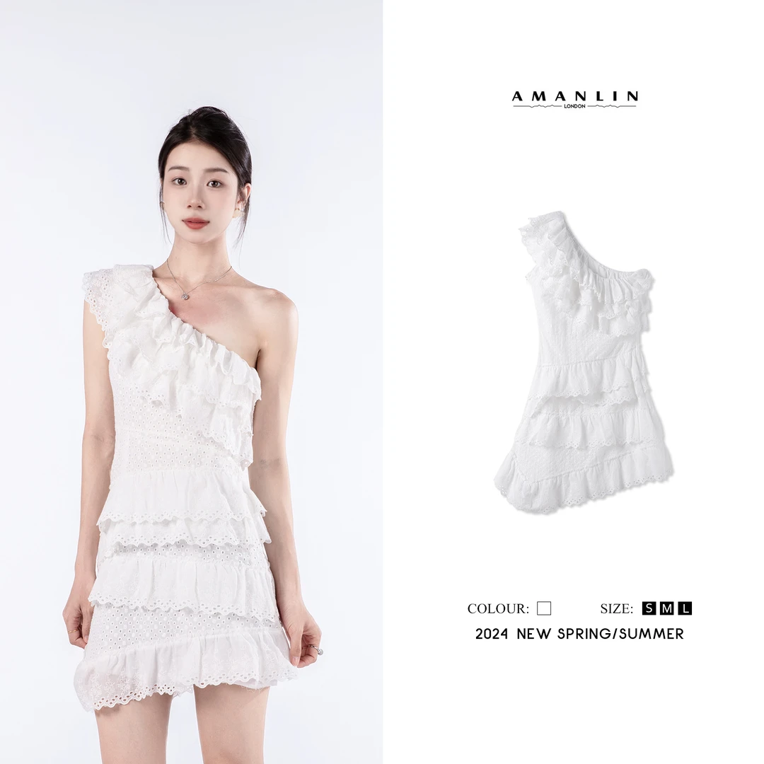 【AMANLIN】夏季穿搭法式甜美蕾丝不规则斜肩百搭连衣裙WS600221