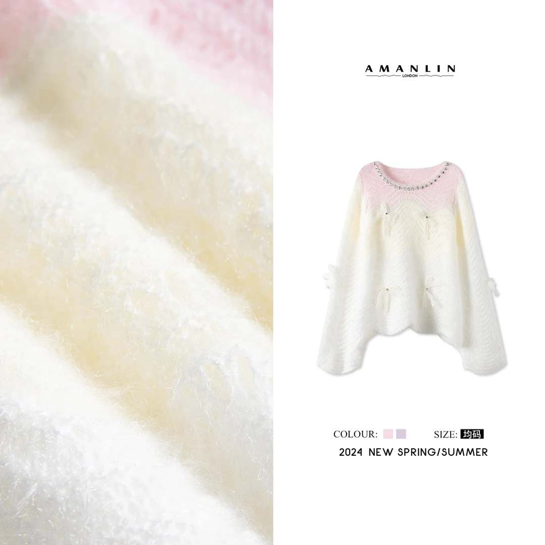 【AMANLIN】秋季新款彩虹渐变设计感钻领修身显瘦小众毛衣L593025