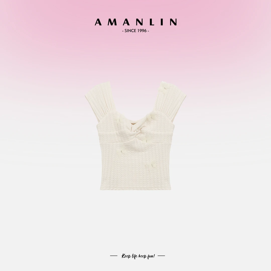 【AMANLIN】夏季穿搭法式蝴蝶结纽结甜美百搭显瘦上衣女LT591898