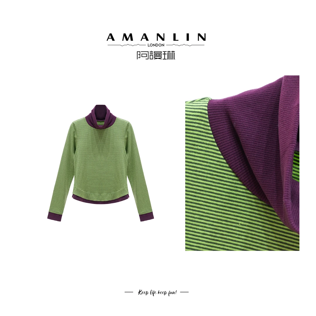 AMANLIN【卢浮密语】撞色小众假两件针织秋季显瘦气质上衣F593887