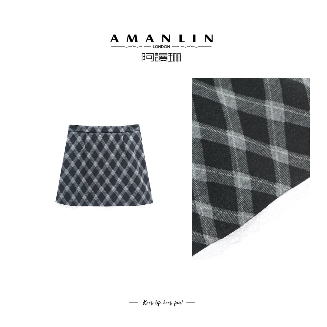 【AMANLIN】设计感小众格纹百搭显瘦半身裙气质高腰a字裙女F593811