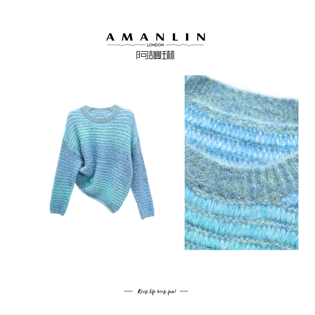 AMANLIN【海妖】含羊毛条纹针织毛衣显瘦宽松慵懒休闲风上衣F593835