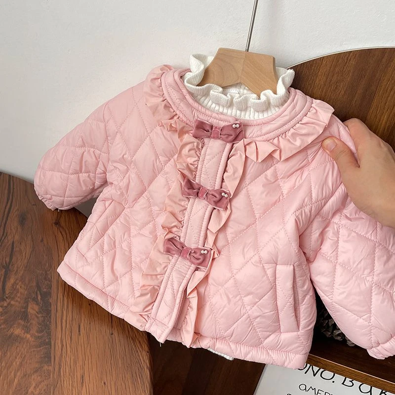 女童棉服冬季洋气外套2023新款儿童公主风蝴蝶结花边加绒保暖棉衣