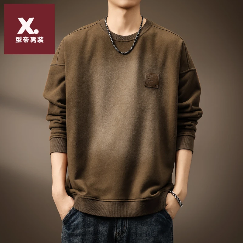 高端重磅渐变做旧炒洗贴标卫衣男秋季美式复古潮流宽松长袖上衣男