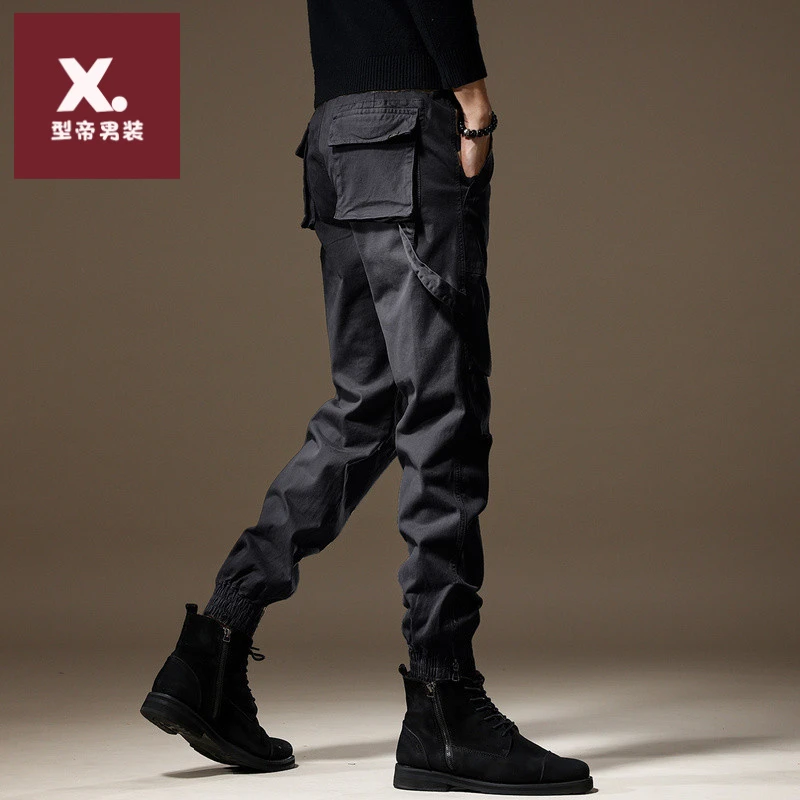 美式复古拼接工装裤男春季新款黑色大码潮牌通勤束脚休闲长裤子男