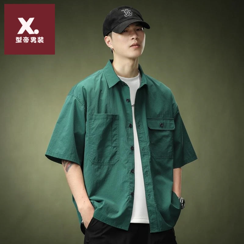 高级感绿色短袖衬衫polo男士百搭潮流夏季款宽松休闲冰丝复古衬衣