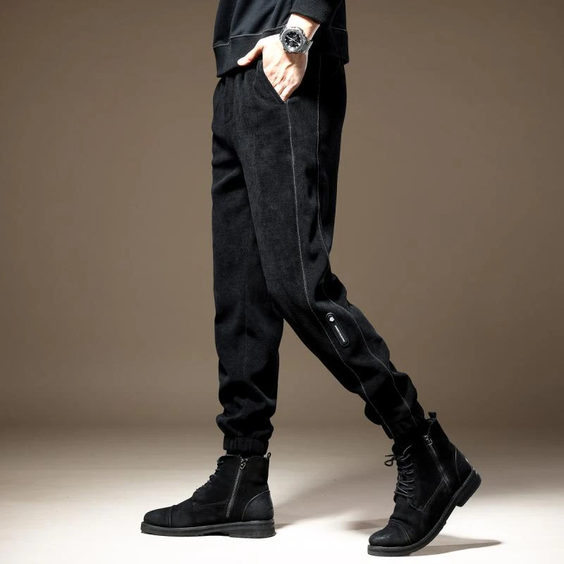 秋冬高端柔感厚款雪尼尔休闲裤男加绒宽松灯芯绒运动束脚卫裤子男