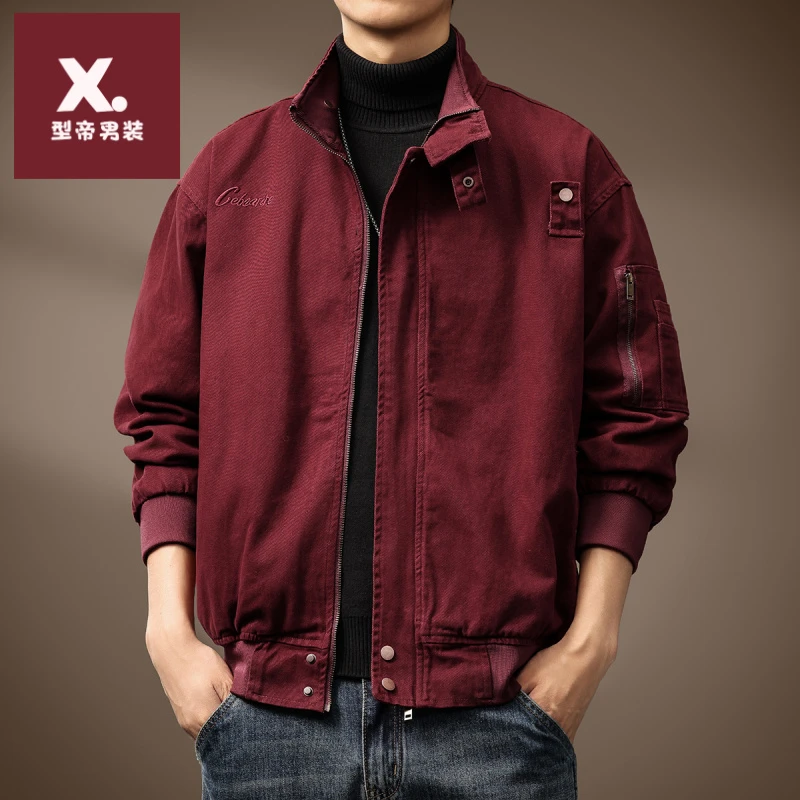 高端立领美式复古纯棉工装男士夹克秋冬加棉宽松刺绣猎装休闲外套