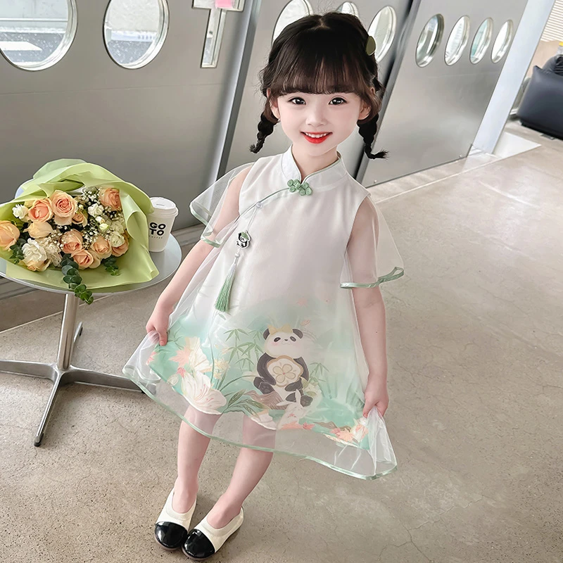 女童新款国风旗袍裙2024女童夏季洋气网纱裙子夏款复古汉服连衣裙