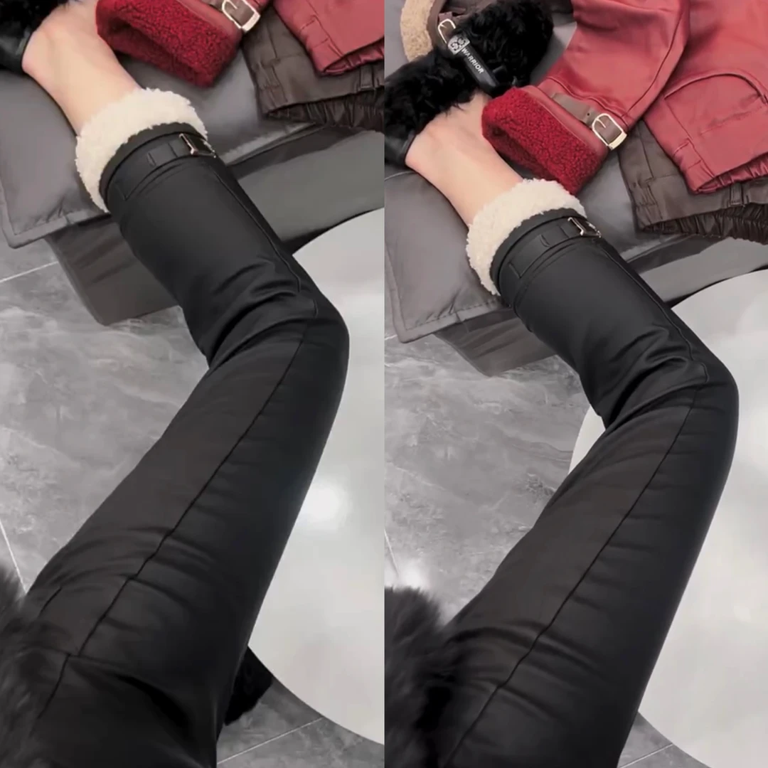 【花花专属】新款高腰修身显瘦加厚拼接翻毛直筒涂层裤潮