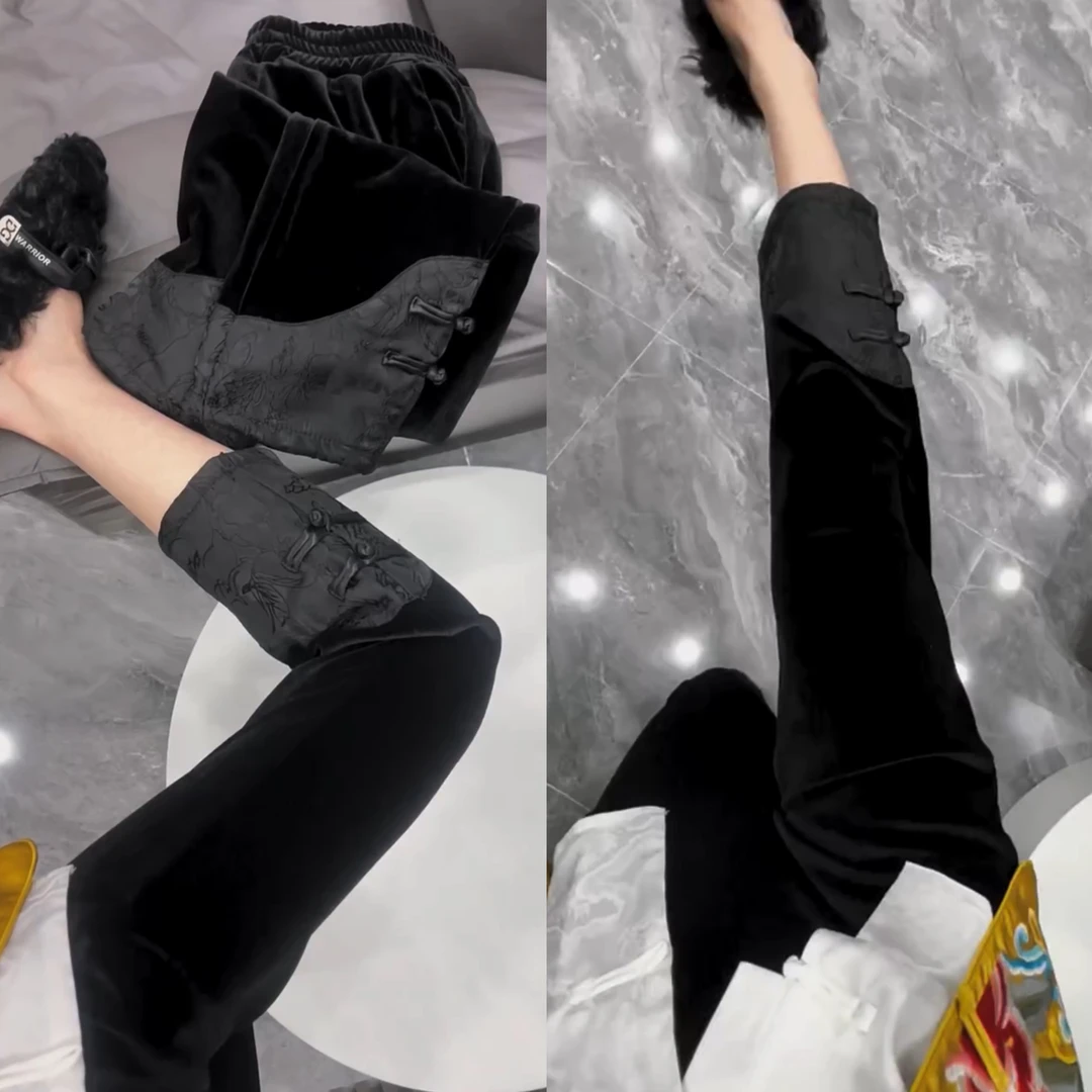 【梦成专属】新中式国风盘扣提花直筒裤黑色女高腰显瘦气质九分裤