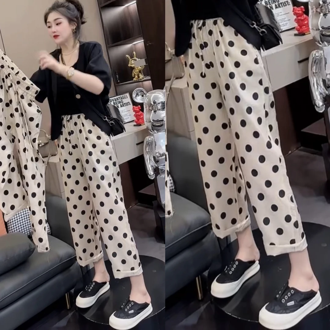 2024夏松紧高腰裤女阔腿波点裤子夏季薄款直筒宽松百搭休闲九分