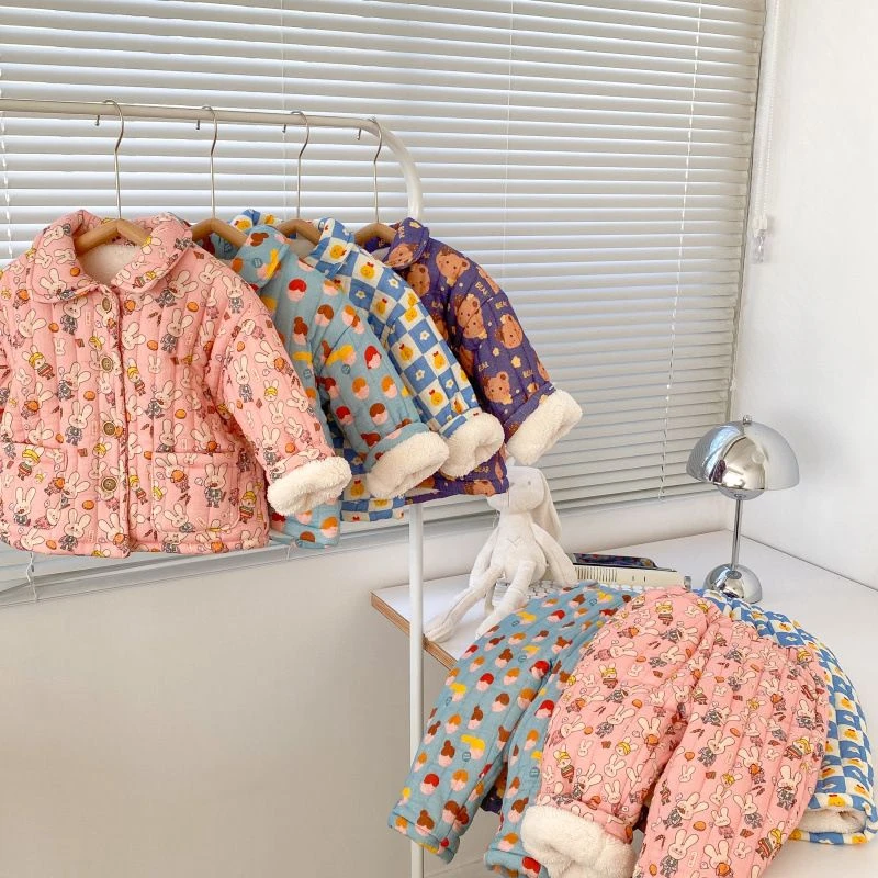 女童睡衣套装夹棉加绒三层加厚保暖男童宝宝冬季儿童家居服两碎花