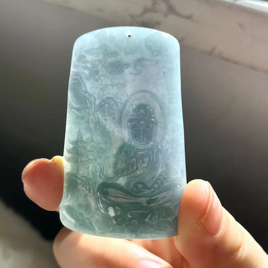 天然正品翡翠蓝水观音吊坠山水观音玉保平安男士玉坠菩萨牌子大气