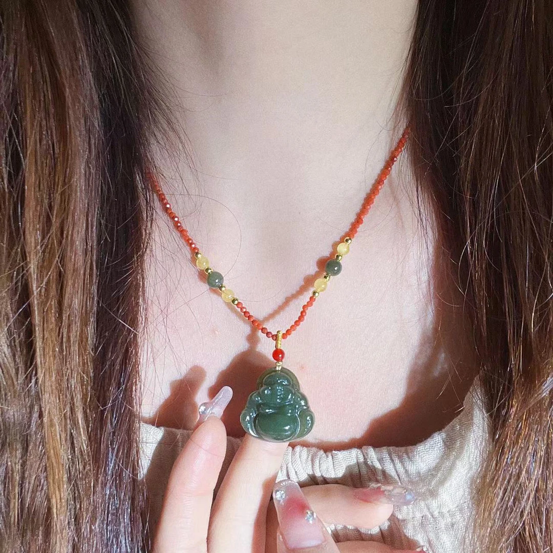 天然正品和田玉弥勒佛大肚佛公吊坠女款锁骨链项链玉佩玉坠礼物