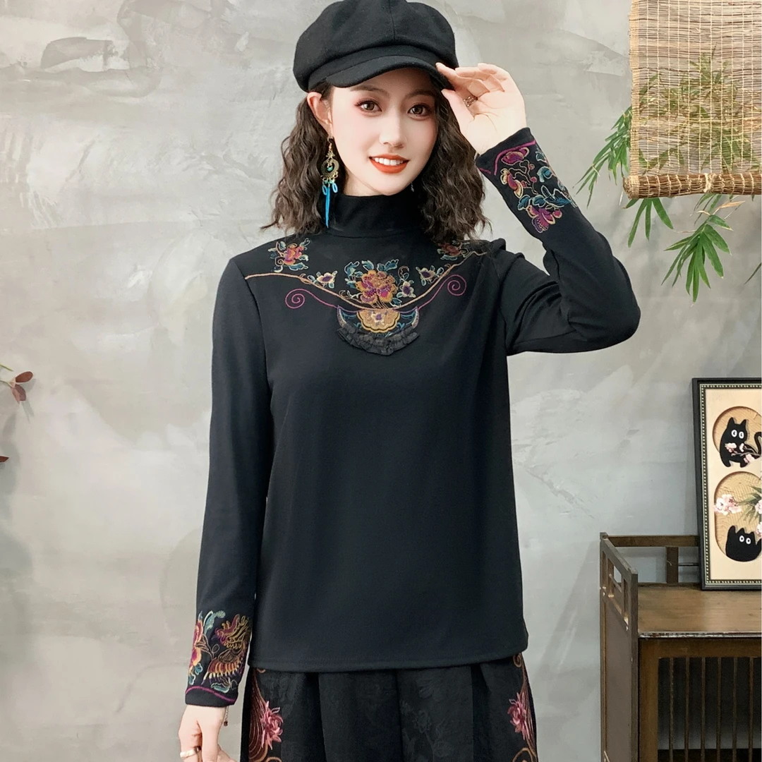 秋冬民族风领口欧根纱刺绣加绒打底衫325