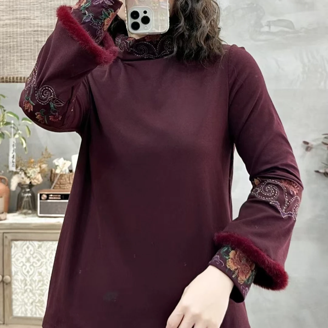 民族风高领刺绣毛边打底衫200