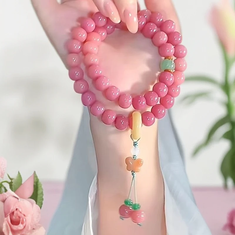 蜜桃四季春桃粉菩提手串中式手持双圈国风白玉菩提子佛珠女士百搭