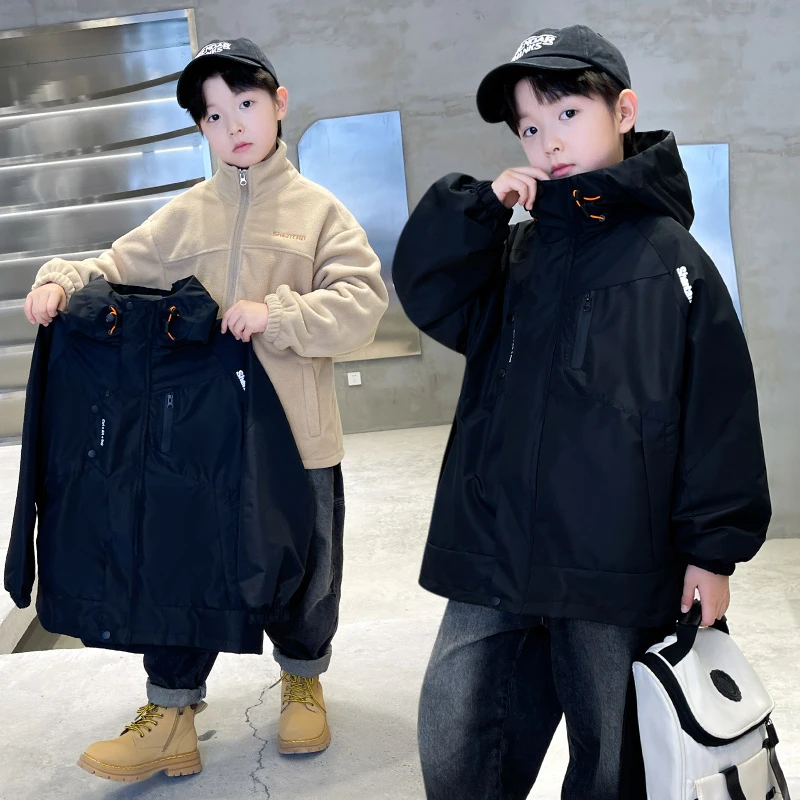 男童冲锋衣三合一可拆卸冬季外套儿童加绒加厚中大童韩版洋气户外