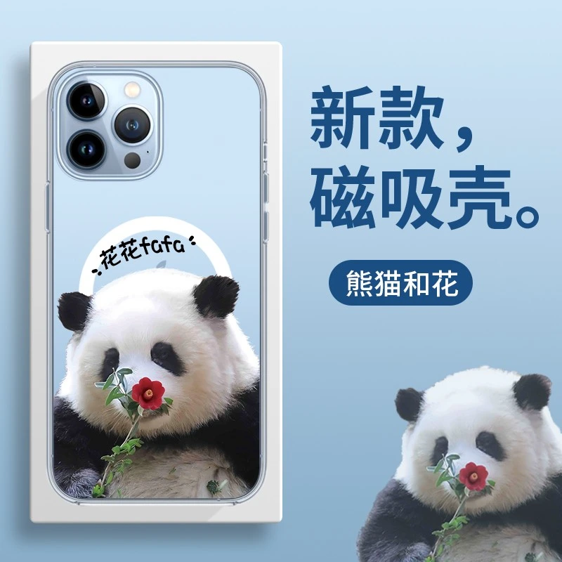 花花适用苹果14pro熊猫手机壳iphone13透明磁吸magsafe无线充电12