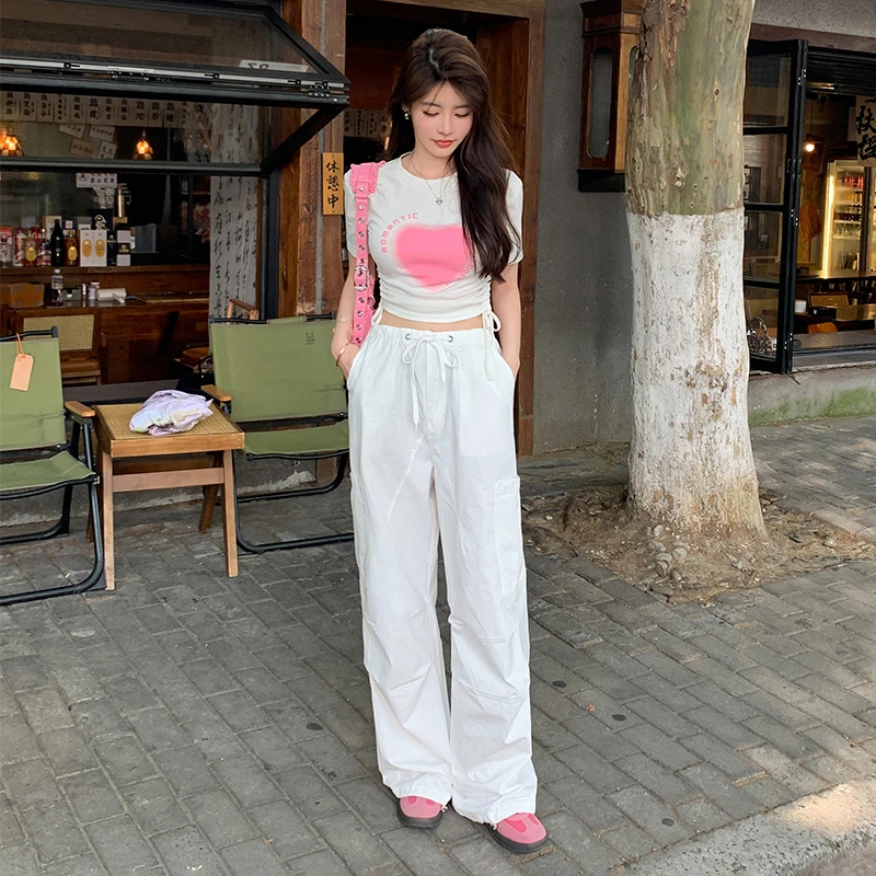 REDR白色美式休闲工装裤女2025春季新款高腰宽松束脚抽绳阔腿裤子