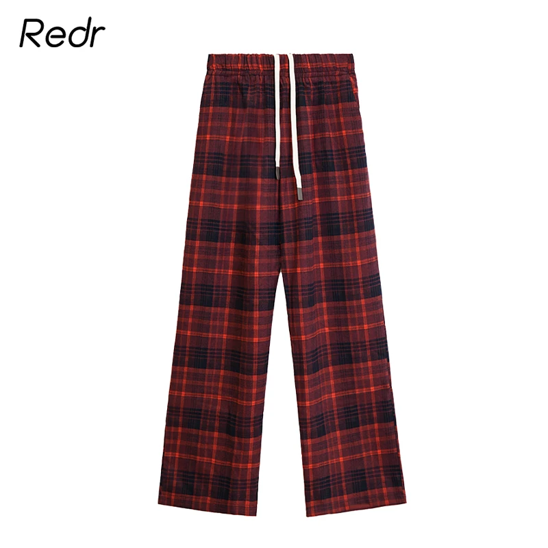 REDR红色格子高腰阔腿裤女2025秋季新款宽松显瘦直筒抽绳休闲裤子