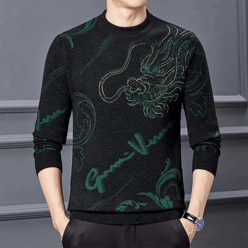 冬季长袖加厚天鹅绒提花男中青年圆领针织衫潮韩版打底上衣时尚