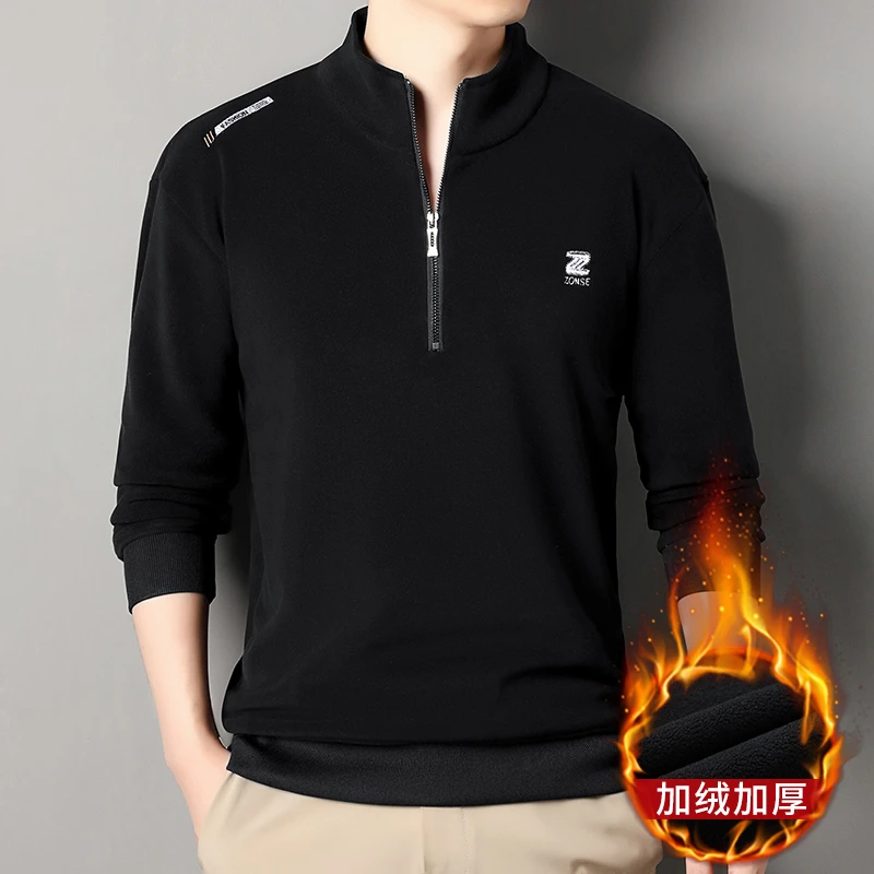 爆款秋冬季拉链加绒加厚卫衣保暖休闲宽松男士长袖立领打底T恤