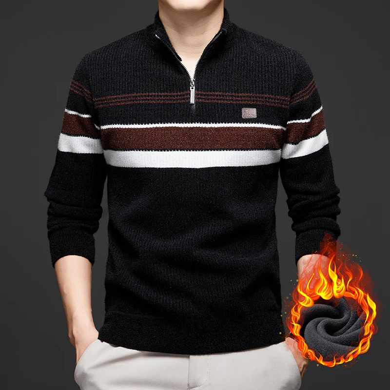冬季加绒雪貂毛衣男士休闲立领半拉链保暖针织打底衫潮时尚条纹