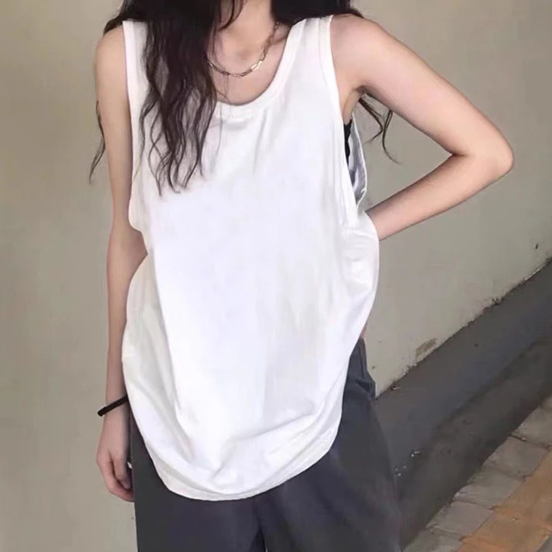 美式新款坎肩背心女无袖T恤夏季宽松内搭百搭纯色中长款上衣服潮