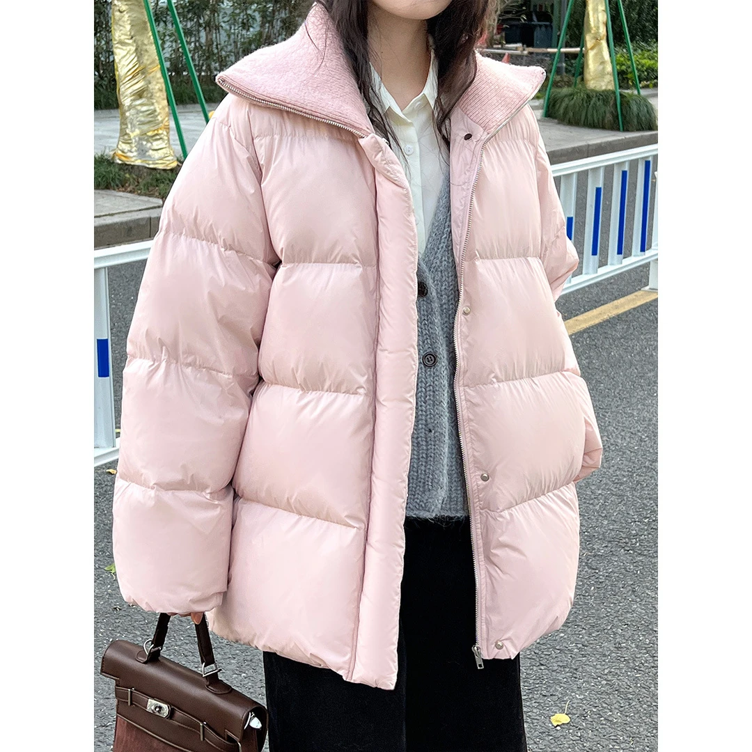 鹿西高品质~针织拼接羽绒服女中长款加厚90白鸭绒粉色面包服9613