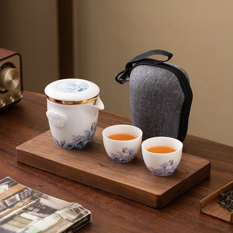高档羊脂玉瓷旅游便携式茶壶陶瓷防烫一壶两杯户外旅行茶具快客杯