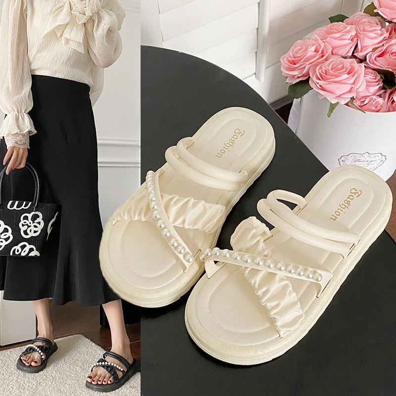 工厂直销时尚厚底串珠拖鞋女夏季外穿一字拖防滑凉拖鞋沙滩鞋夏季
