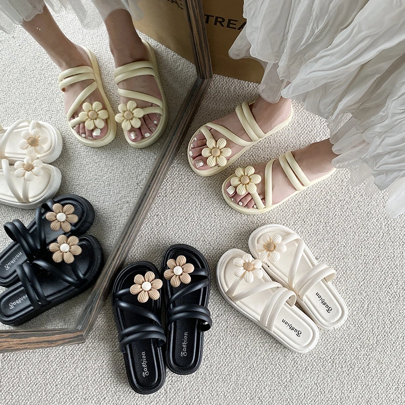 新款厚底花朵拖鞋女夏外穿时尚一字拖时尚休闲潮流防滑女士凉拖鞋