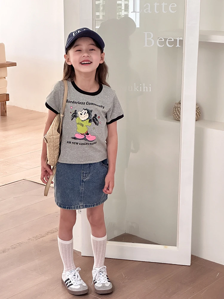 【辣妹现货】弹力女童夏季T恤儿童洋气短款卡通短袖 24V027