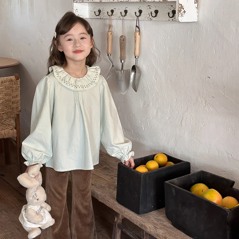 现货【纯棉】儿童韩版宽松甜美衬衫女童时髦设计感翻领娃娃衫24X071