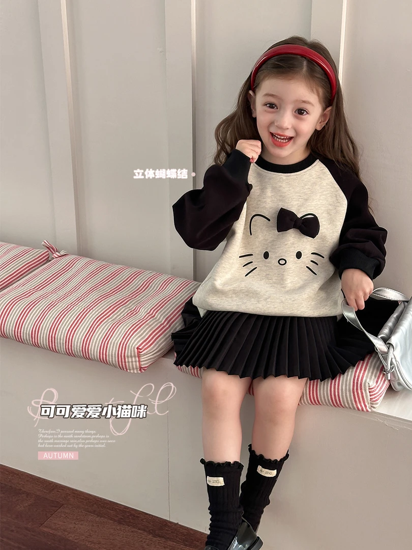 【现货】女童春季可爱猫咪卫衣立体小蝴蝶结设计插肩上衣24Y046