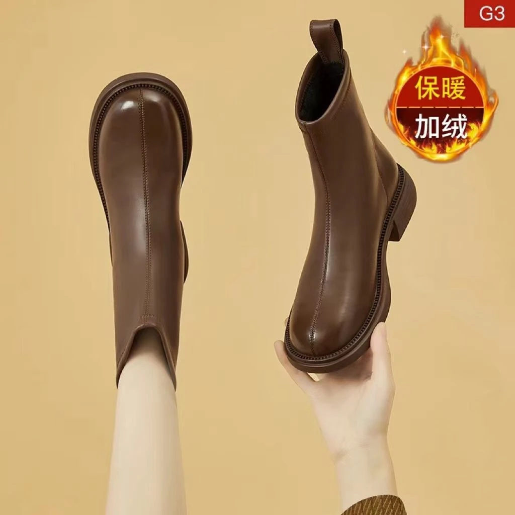 2024新款真皮切尔西靴女厚底春秋单靴软皮低跟短筒靴平底马丁靴女