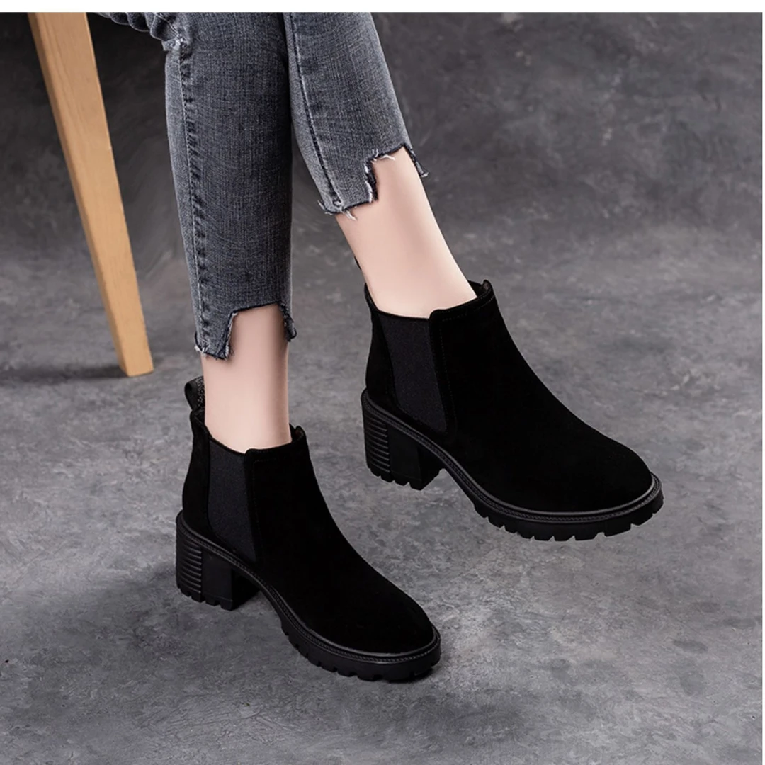 羊皮磨砂女短靴2025秋新款厚底粗跟切尔西靴高跟圆头防滑加绒棉靴
