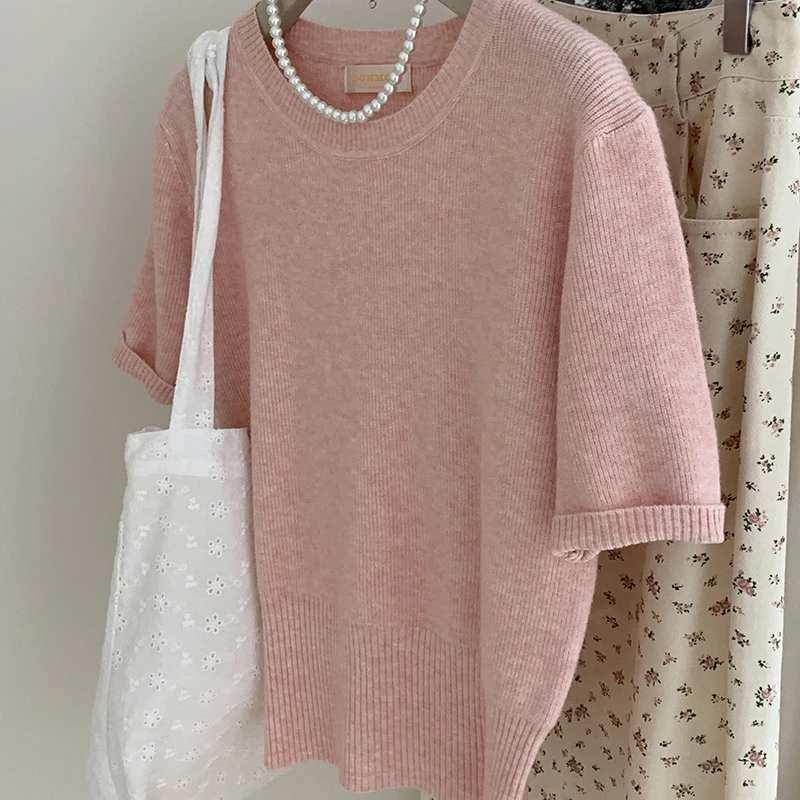 圆领正肩针织短袖2025夏季新款温柔风设计感显瘦百搭纯色上衣女