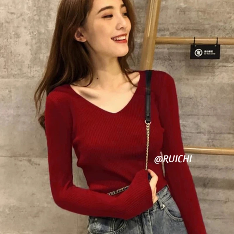 洋气V领打底针织衫2025春季新款时尚修身显瘦百搭长袖上衣女