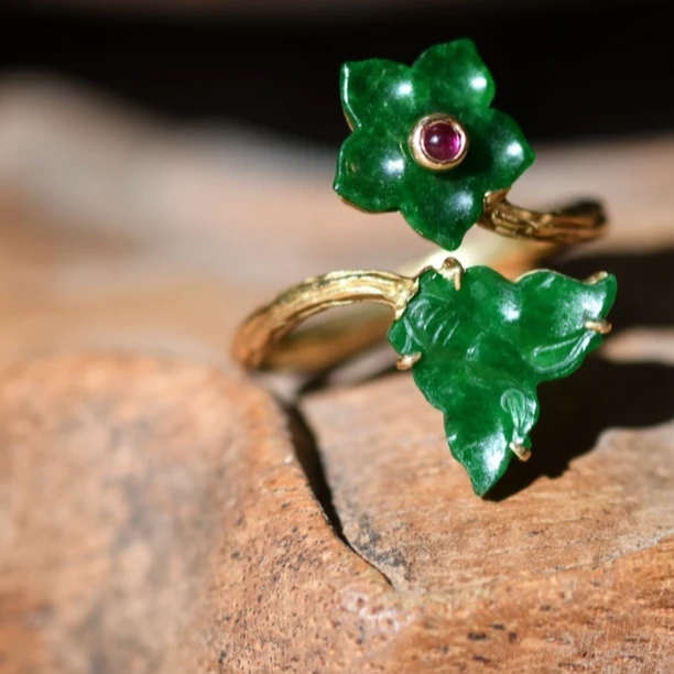 禧云藏出品翡翠蝴蝶满绿精品18k金戒指