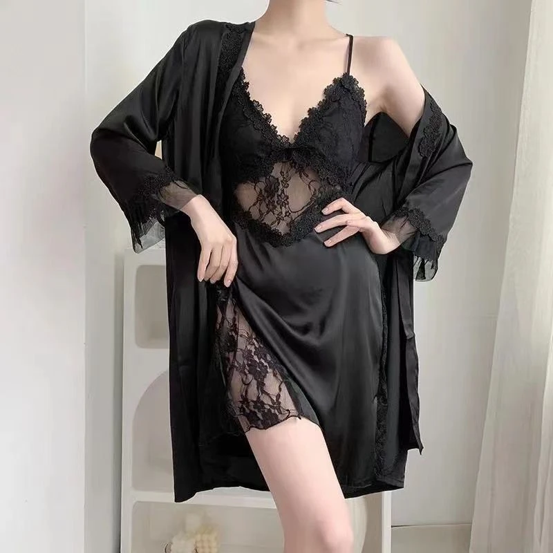 【人间尤物】睡衣女2024新款春季新款性感蕾丝吊带睡裙长袖睡袍