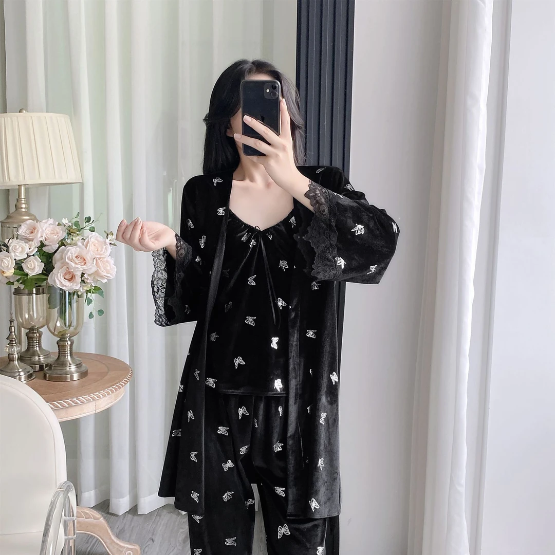 【印花三件套】秋冬季新款金丝绒睡衣女性感带胸垫吊带长裤烫银纯欲