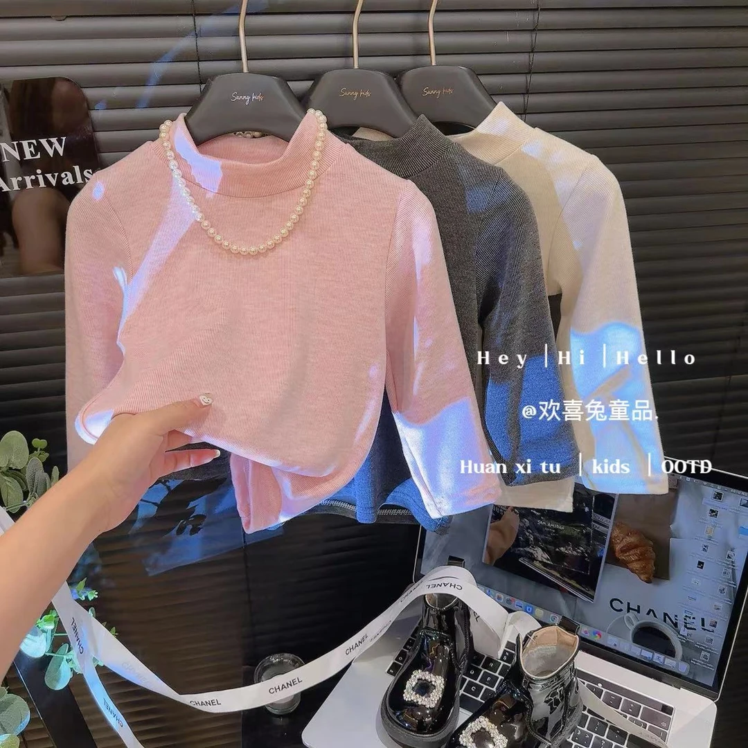 女童春秋打底衫新款儿童半高领T恤中大童针织上衣女宝百搭春秋款