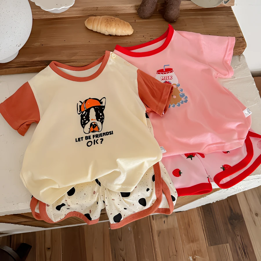 【A类纯棉】儿童短袖热裤套装童装小童夏季圆领韩版卡通纯棉套装