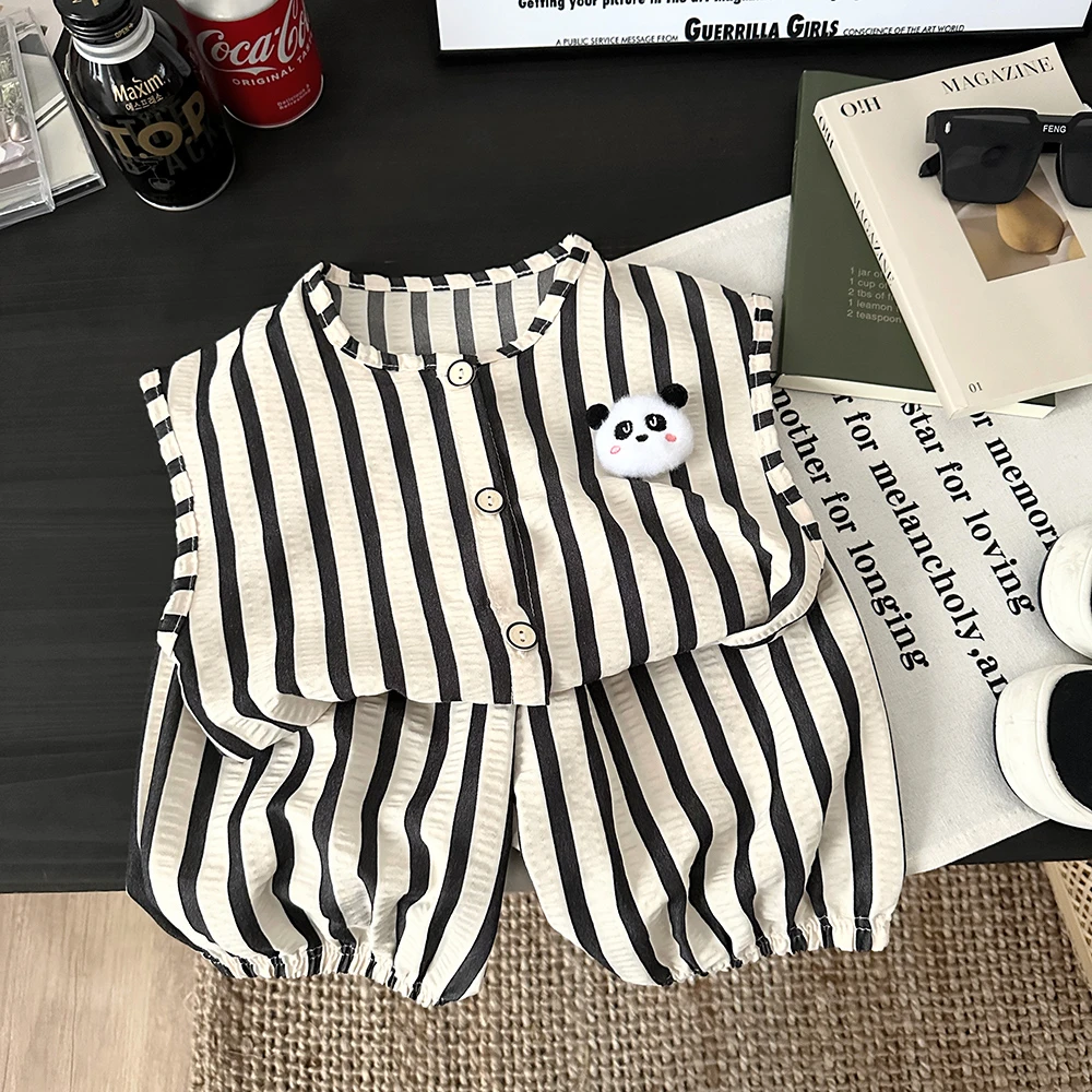 A类熊猫玩偶套装儿童夏季开衫条纹二件套韩版背心套装