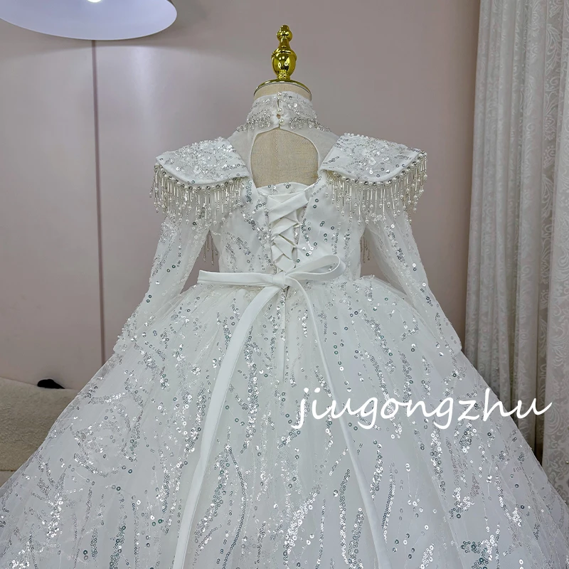 【白金战袍】儿童礼服高定白色洋气长袖冬季花童走秀生日女童婚礼